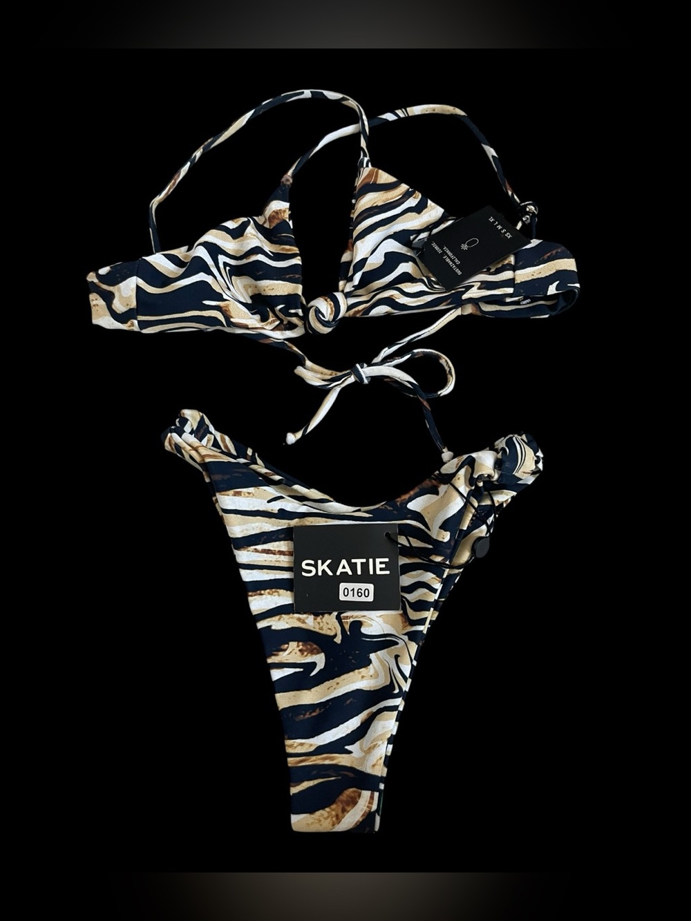 SKATIE NWT Sarah Top & Suzanne Bottom XS Marble Zebra Bikini